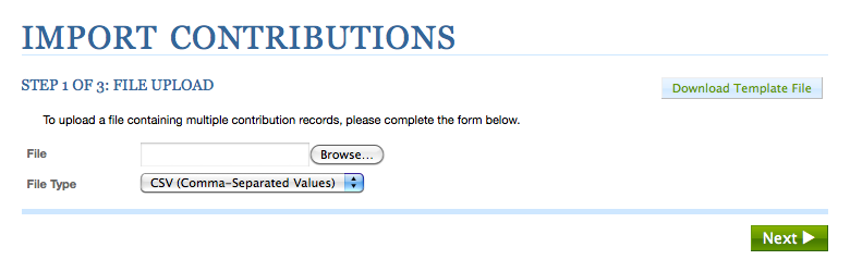 The Import Contributions screen, step 1